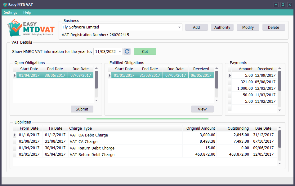 Easy MTD VAT main interface