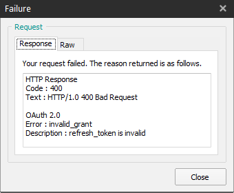 Failure - Invalid Refresh Token window image